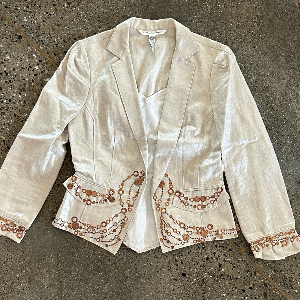 Diane Von Furstenberg Cavandish Shimmering Gold Copper Linen Blend Blazer size 6